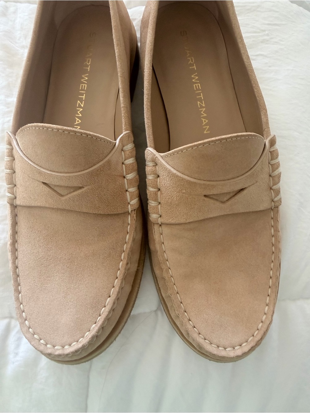 Stuart Weitzman woman’s  Suede Penny Loafers in sand